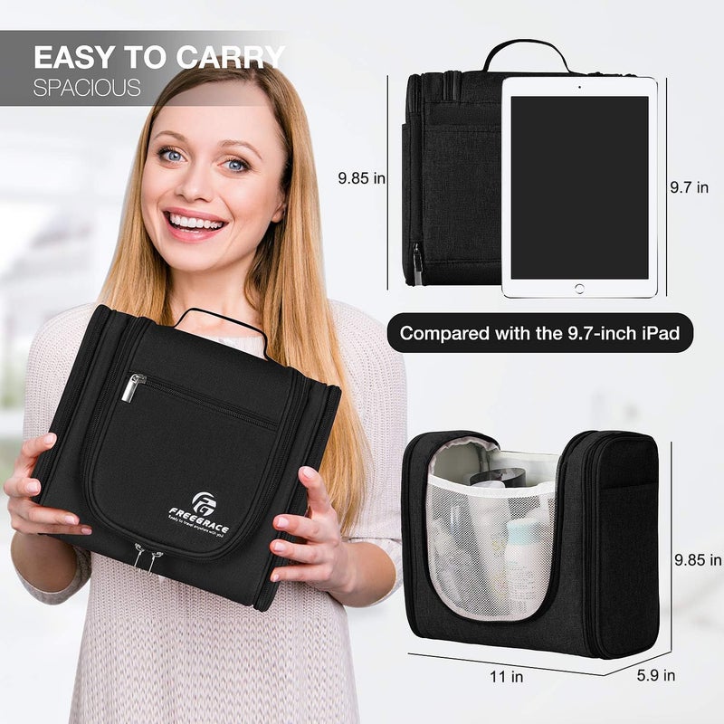 Freegrace Hanging Toiletry Bag Extra Large Capacity | Premium Travel Organizer Bags For Men And Women | Durable Waterproof Nylon Bathroom, Shower, Makeup Bag For Toiletries, Cosmetics, Brushes (Snow Black) - Image 4
