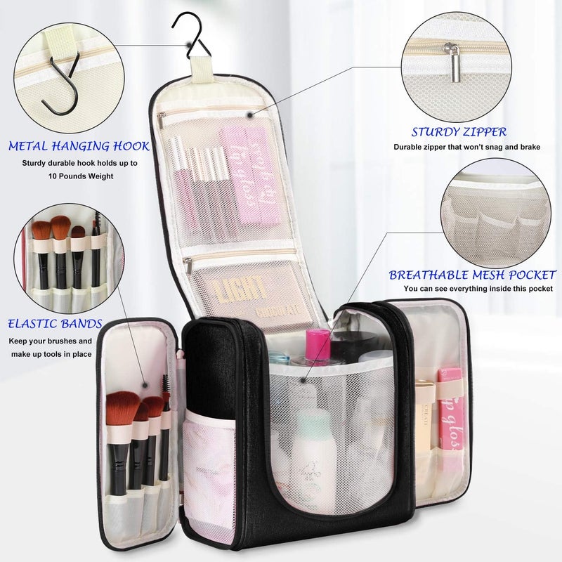 Freegrace Hanging Toiletry Bag Extra Large Capacity | Premium Travel Organizer Bags For Men And Women | Durable Waterproof Nylon Bathroom, Shower, Makeup Bag For Toiletries, Cosmetics, Brushes (Snow Black) - Image 2