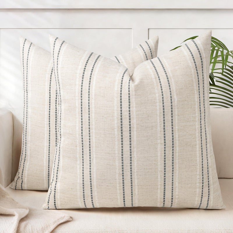 AELS 22x22 Decorative Farmhouse Linen Blend Throw Pillow Covers, Boho Textured Pillow Case, Set of 2, Beige with White & Gray Stitch Yarn Dyed Stripe Cushion Cover for Sofa Living Room (Cover ON - Image 1