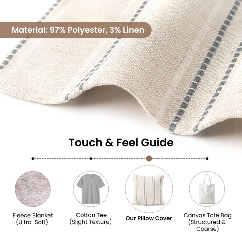 AELS 22x22 Decorative Farmhouse Linen Blend Throw Pillow Covers, Boho Textured Pillow Case, Set of 2, Beige with White & Gray Stitch Yarn Dyed Stripe Cushion Cover for Sofa Living Room (Cover ON - Image 3