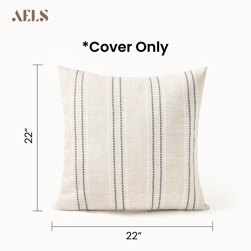 AELS 22x22 Decorative Farmhouse Linen Blend Throw Pillow Covers, Boho Textured Pillow Case, Set of 2, Beige with White & Gray Stitch Yarn Dyed Stripe Cushion Cover for Sofa Living Room (Cover ON - Image 2
