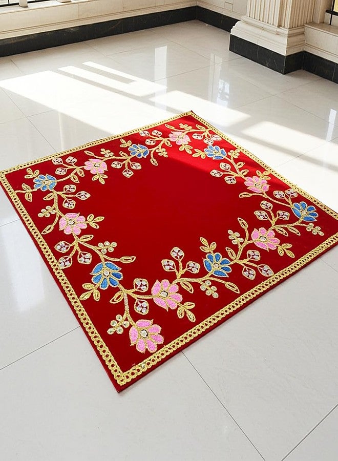 BERRYCRAVE قماش مخملي Pooja Chowki Aasan لأصنام الآلهة Puja Asan قماش مذبح مطرز بنبات الزاحف اللامع مقاس متوسط (أحمر - مطرز - 12 × 10 بوصة) - Image 2