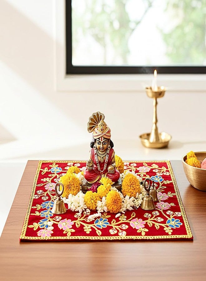 BERRYCRAVE قماش مخملي Pooja Chowki Aasan لأصنام الآلهة Puja Asan قماش مذبح مطرز بنبات الزاحف اللامع مقاس متوسط (أحمر - مطرز - 12 × 10 بوصة) - Image 3