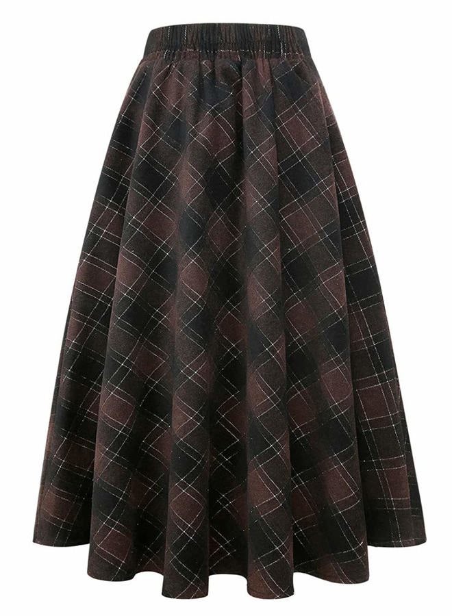 IDEALSANXUN Womens Plaid Wool Skirts Elastic Waist A-Line Pleated Tartan Long Skirts, Coffee 2005, XXL - Image 2