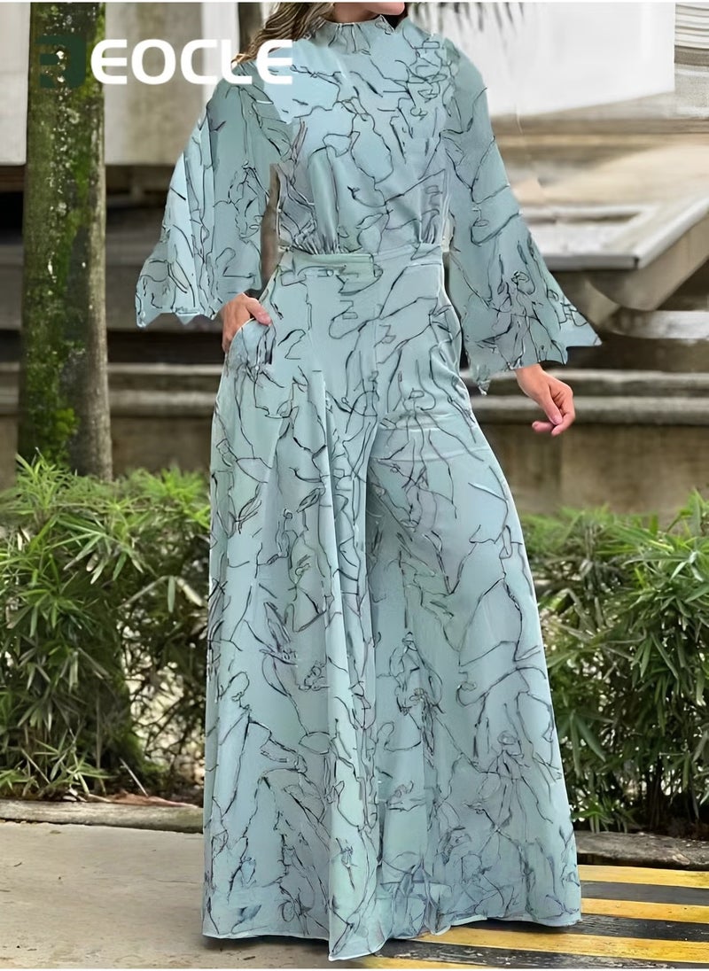 REOCLE Elegant Jumpsuit Waist-cinching Lace-up Long-sleeved Trousers Printed Jumpsuit Fashionable Printed Design Stand-up Collar Design Waist-cinching Design  - Image 5