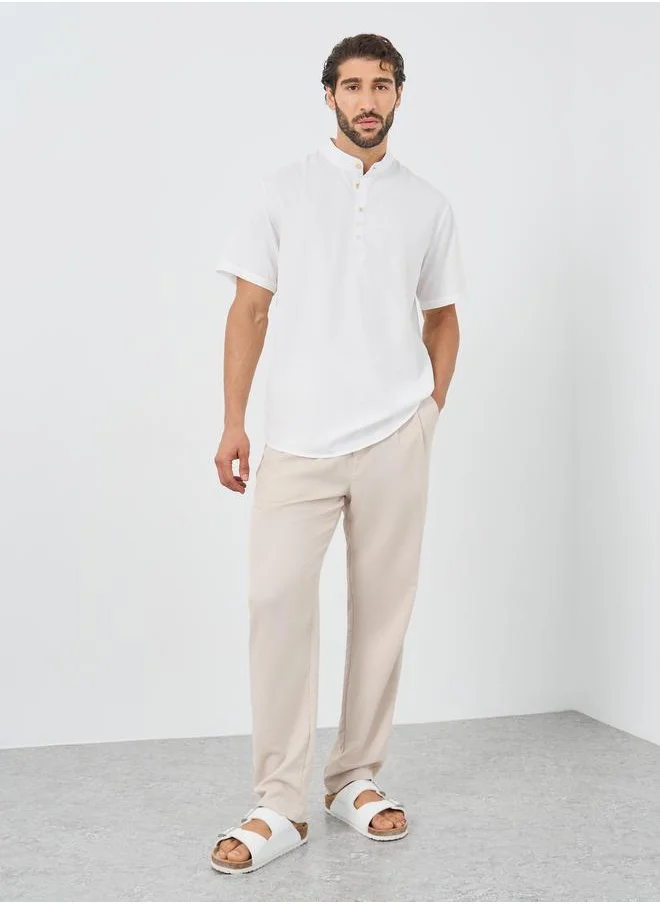 ستايلي Styli Mandarin Collar Half Placket Short Sleeve Slim Fit Shirt