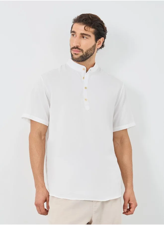 ستايلي Styli Mandarin Collar Half Placket Short Sleeve Slim Fit Shirt