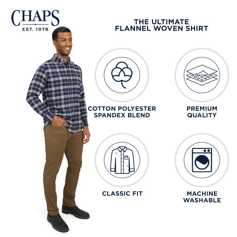 Chaps Men's Classic Fit Long Sleeve Button Down Stretch Flannel Casual Woven Shirt, Newport Navy, Large - Image 4
