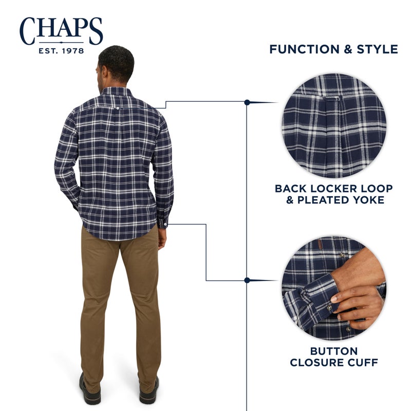Chaps Men's Classic Fit Long Sleeve Button Down Stretch Flannel Casual Woven Shirt, Newport Navy, Large - Image 5
