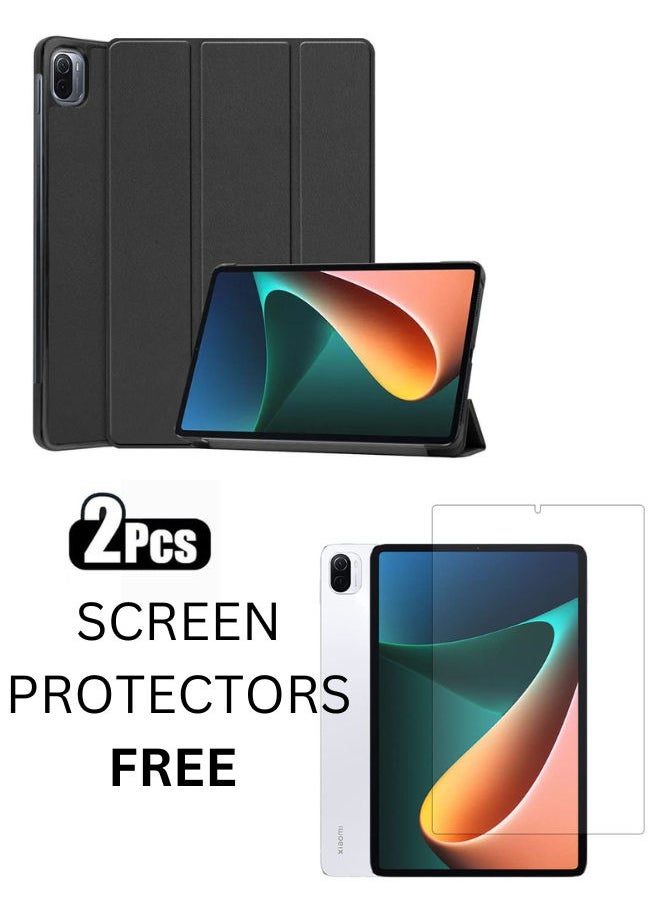 SHOPI Case for Xiaomi Pad 5/Mi Pad 5 Pro 11-inch ,Fashionable Smart Trifold Stand Cover, PU Leather Clear Transparent Back Cover for Xiao Mi Pad 5, Black With 2 FREE Screen Protectors  - Image 1