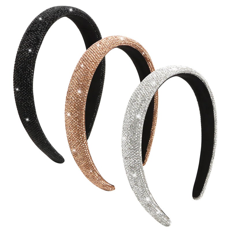 Wecoe 3pcs Rhinestone Headbands Women Girls Sparkly Bling Diamond Silver Black Coffee Headband Fashion Comfortable Head Band Non Slip Birthday Wedding Formal Hair Accessories For Women Girls Gifts