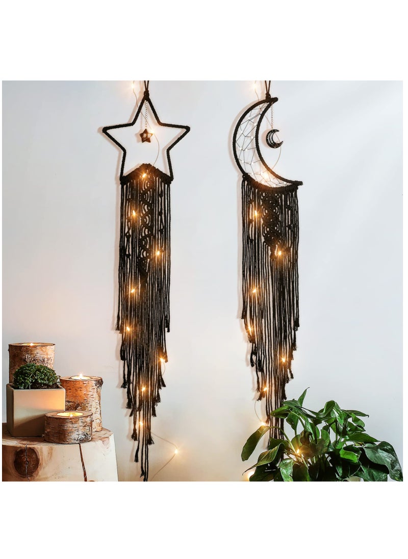 Excefore Dream Catcher, 2Pcs Moon Star Dream Catcher Bedroom Accessories Black Handmade Wall Decor DIY Dreamcatcher Kit With LED String LIght For Girls Kids Bedroom Wall Hanging Decoration Gift, Black  - Image 1
