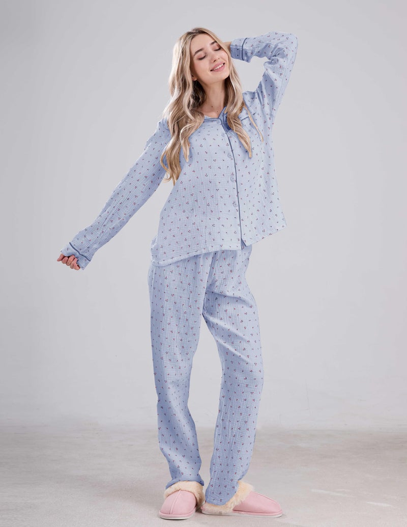 codcm Womens Cotton Gauze Pajama Set Long Sleeve Button Up Shirt and Pants 2 Piece Cute Printed Pj Set - Image 3