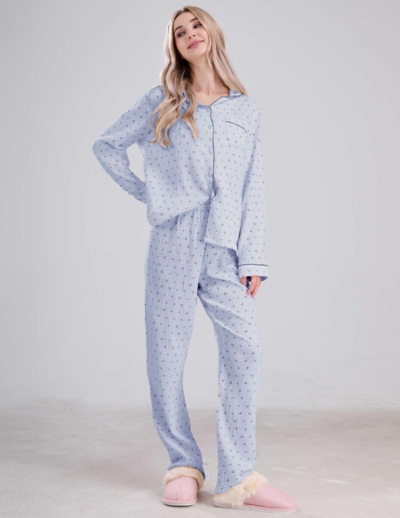 codcm Womens Cotton Gauze Pajama Set Long Sleeve Button Up Shirt and Pants 2 Piece Cute Printed Pj Set - Image 4