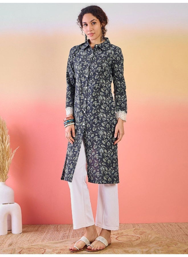 AKS Floral Printed Shirt Collar Cotton Straight Kurta - Image 5