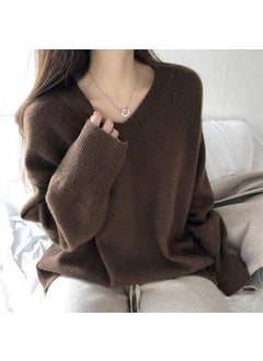 2024 Autumn/Winter New Idle Style Outerwear Loose Fit Pullover Versatile Knitted Top Base Layer Explosion Popular V-Neck Sweater Brown
