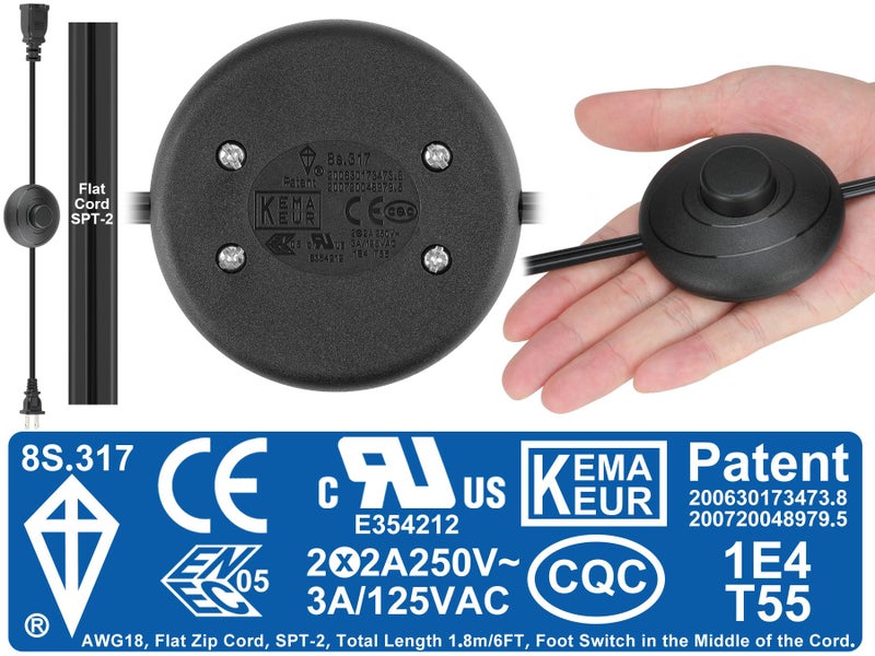 Coolneon 6ft/1.8m On/Off Extension Cord Foot Switch Pedal, Switch in Middle of Cord, 2-Prong Polarized Plug and Plug in Outlet AWG18 250VAC Step Switch Floor Lamp Christmas Tree Light Push Button Black - Image 2
