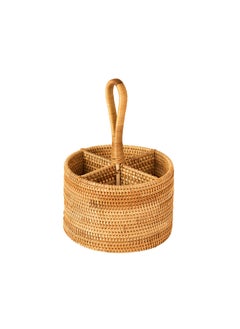 Wicker Flatware Organizer, Hand Woven Flatware Caddy with Handle, 4-Compartment Natural Woven Flatware Caddy Kitchen Utensil Holder for Countertop, Cooking Utensil Condiment Organizer