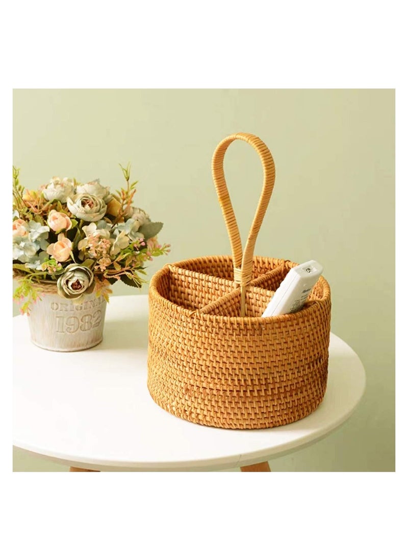 KASTWAVE - Wicker Flatware Organizer, Hand Woven Flatware Caddy with Handle, 4-Compartment Natural Woven Flatware Caddy Kitchen Utensil Holder for Countertop, Cooking Utensil Condiment Organizer - Image 1