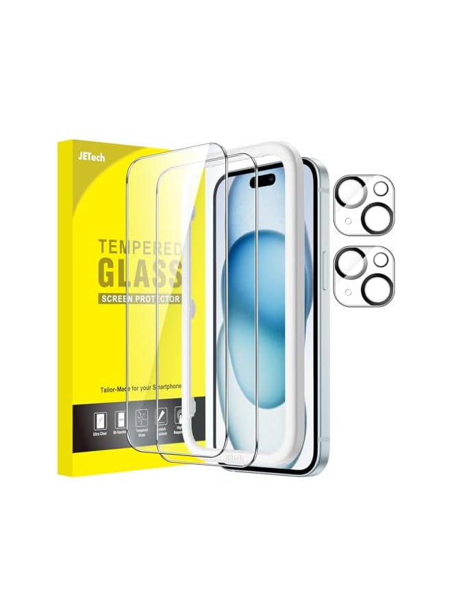 جي تيك واقي شاشة JETech لهاتف iPhone 15 Plus مقاس 6.7 بوصات مع واقي عدسة الكاميرا، أداة سهلة التركيب، طبقة من الزجاج المقسى، شفاف عالي الدقة، عبوتان لكل منهما - Image 1