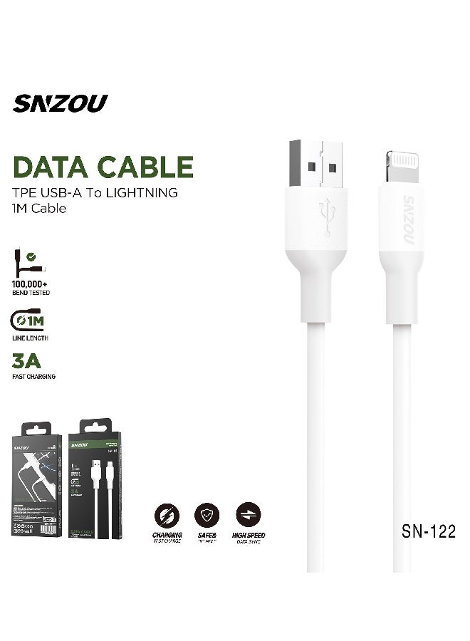 SNZOU QuickCharge 3A USB-A to Lightning Cable 1M SN-122 - White - Image 1