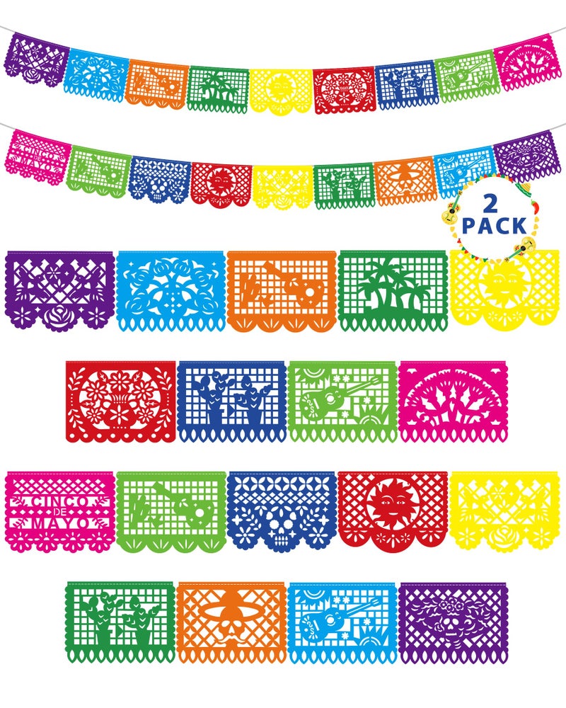 Heartome 36 FT Cinco De Mayo Decorations, 2 Pack Mexican Party Banner, Plastic Fiesta Banner Colorful Papel Picado Hanging Banner String Flags Mexican Theme Party Dia De Los Muertos Day of the Dead Decor - Image 1