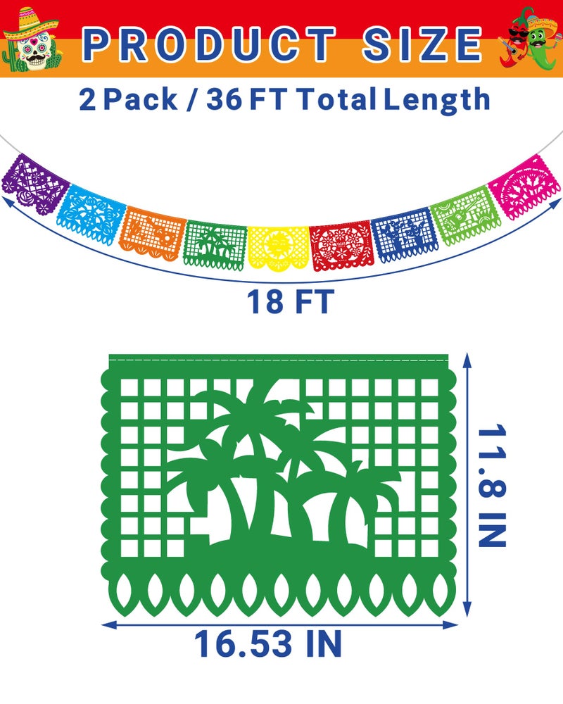 Heartome 36 FT Cinco De Mayo Decorations, 2 Pack Mexican Party Banner, Plastic Fiesta Banner Colorful Papel Picado Hanging Banner String Flags Mexican Theme Party Dia De Los Muertos Day of the Dead Decor - Image 2