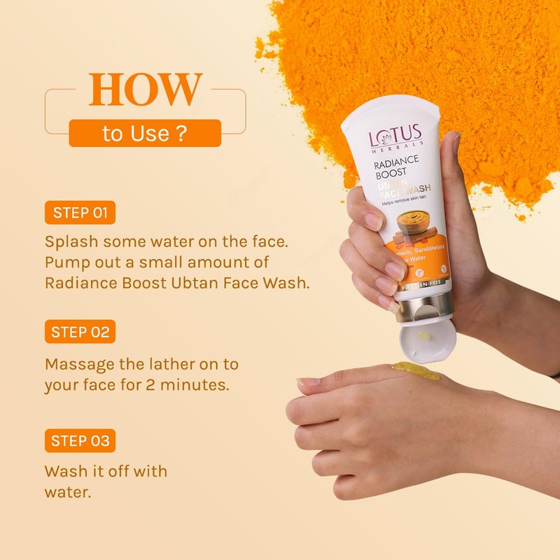 Lotus Herbals Radiance Boost Ubtan Face Wash With 0075 Salicylic Acid Turmeric Sandalwood and Rose Water Glowing Skin Reducing Dark Spots Paraben free 100gm - Image 4