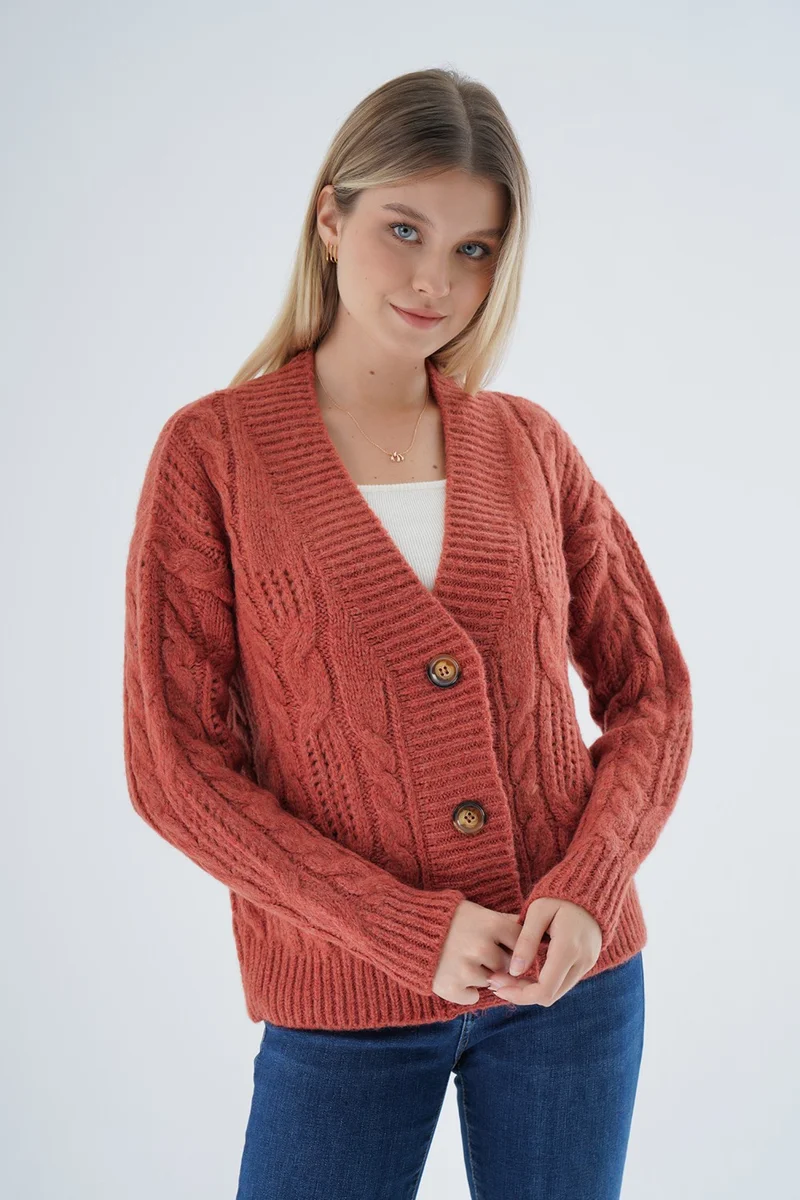 Trist Star Women's Tile Oversize V Neck Hair Knitted Openwork Buttoned Wool Blend Knitted Long Cardigan