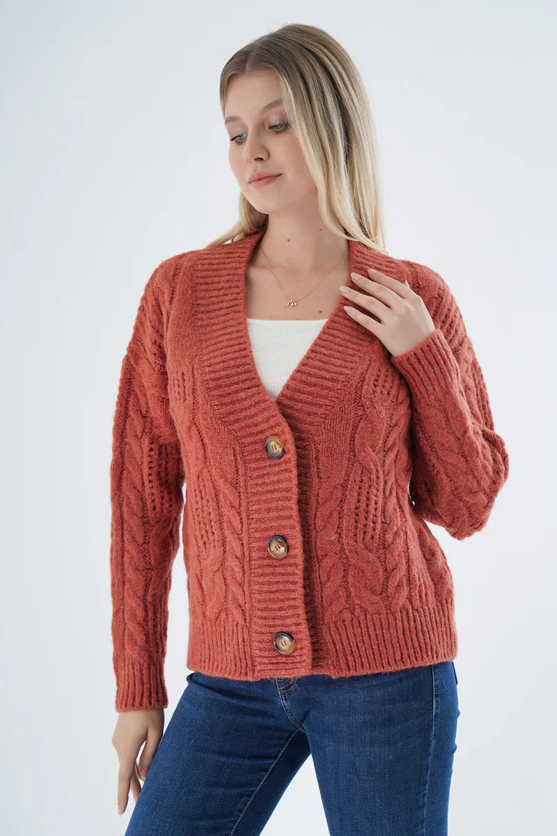 Trist Star Women's Tile Oversize V Neck Hair Knitted Openwork Buttoned Wool Blend Knitted Long Cardigan