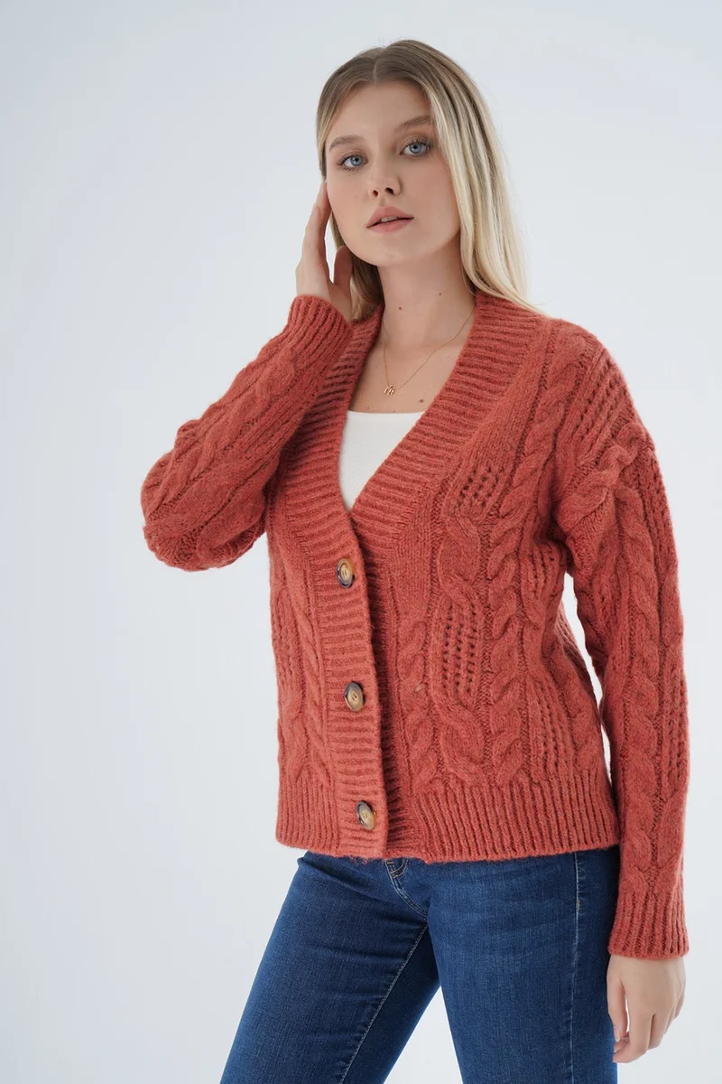 Trist Star Women's Tile Oversize V Neck Hair Knitted Openwork Buttoned Wool Blend Knitted Long Cardigan