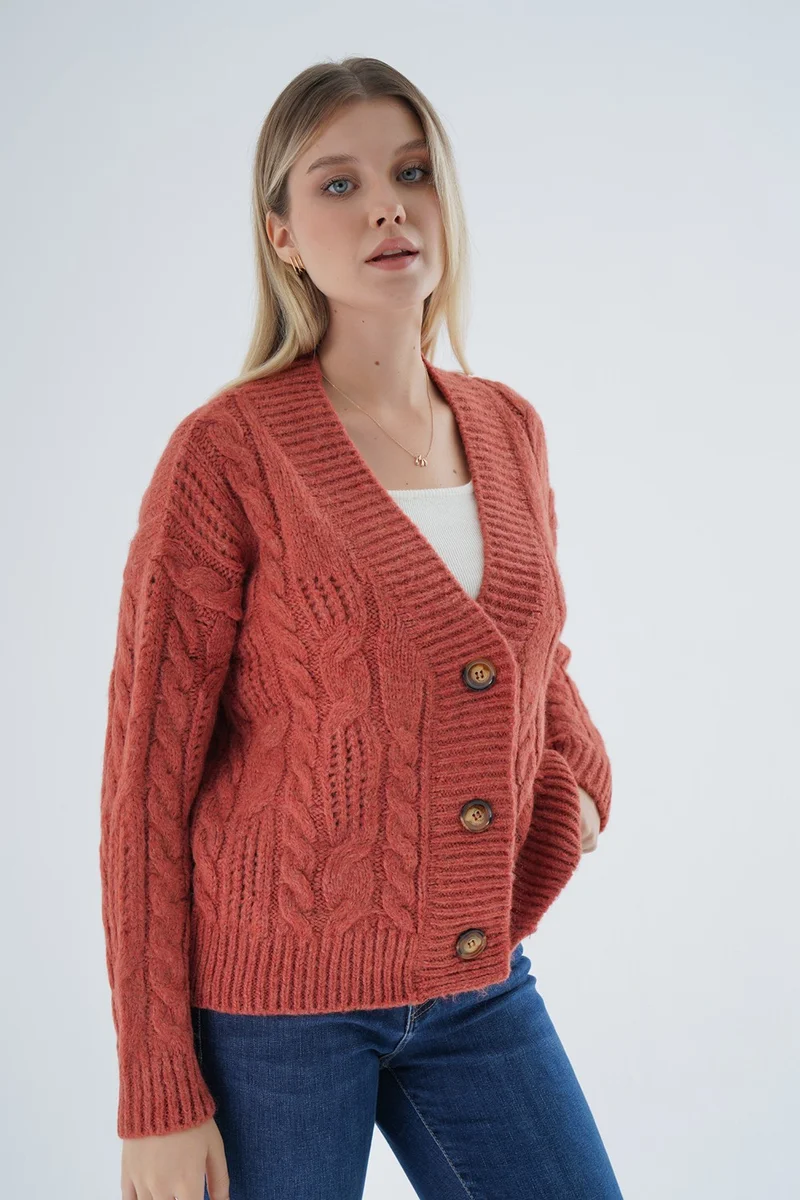 Trist Star Women's Tile Oversize V Neck Hair Knitted Openwork Buttoned Wool Blend Knitted Long Cardigan