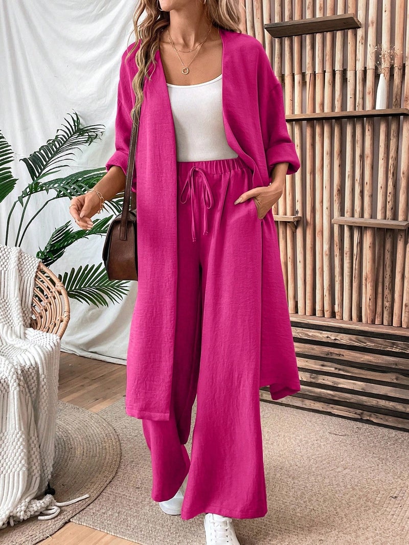 Women's Casual Two-Piece Set: Long Cardigan & Wide-Leg Pants, Loose Fit, Spring/Autumn