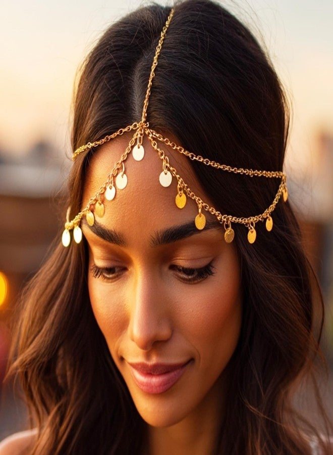 يان سلسلة رأس مرصعة بالترتر الذهبي من يان، قطعة رأس مثالية لأزياء الهالوين، مناسبة لمهرجانات البوهو، مجوهرات شعر للجبهة، سلسلة شعر متعددة الطبقات للعرائس، إكسسوارات حفلات التخرج، عصابات رأس للنساء والفتيات - Image 3