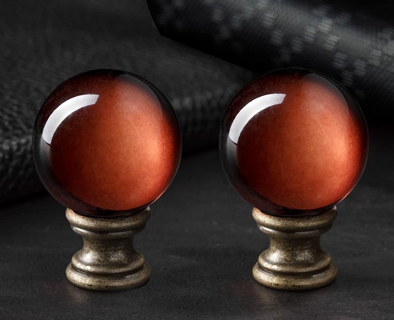 Qc 2 Pack Crystal Lamp Finial Cap with Antique Brass Finish Base, 2 Inches Tall, Ball Shaped Tawny Glass with Screw Knob Base, Decoration Accessories for Table and Floor Lamps Shade Top - Image 1