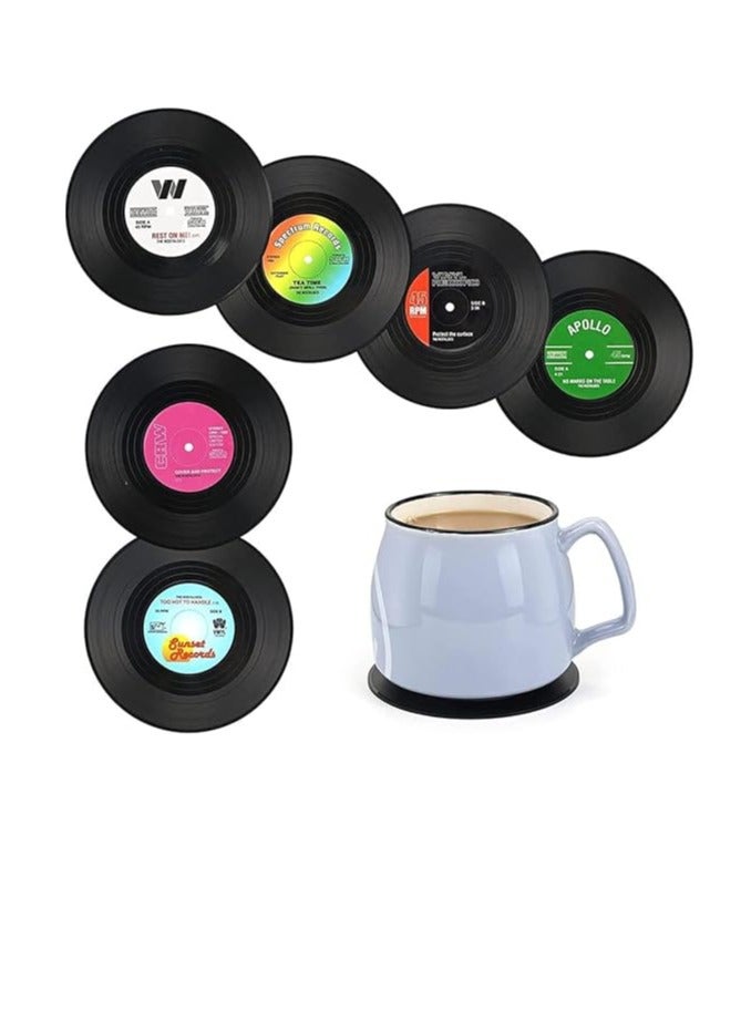 كول بيبي مجموعة من 6 قطع من قواعد الأكواب ذات الأسطوانات المضغوطة باللون الأسود ... المصنوعة من الفينيل العتيقة للقهوة والشاي قواعد الأكواب العتيقة - Image 1