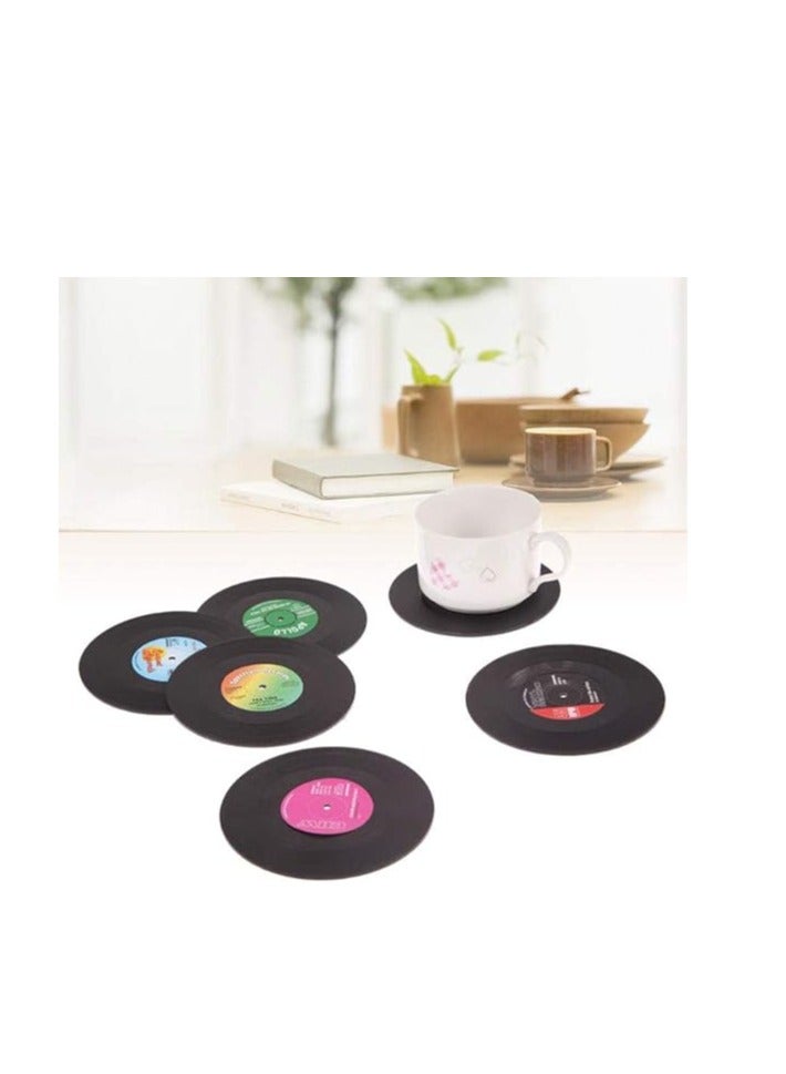 كول بيبي مجموعة من 6 قطع من قواعد الأكواب ذات الأسطوانات المضغوطة باللون الأسود ... المصنوعة من الفينيل العتيقة للقهوة والشاي قواعد الأكواب العتيقة - Image 2