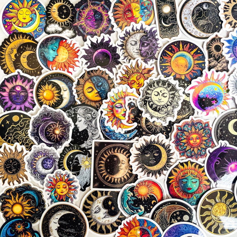 يوكساس 50PCS Sun Moon Stickers Pack - Aesthetic Vintage Celestial Vinyl Decals for Laptop, Water Bottle, Scrapbook, Luggage, Phone, Notebook - Astrology, Cosmic, Mystic Sticker for Teens u0026 Adults - Image 1