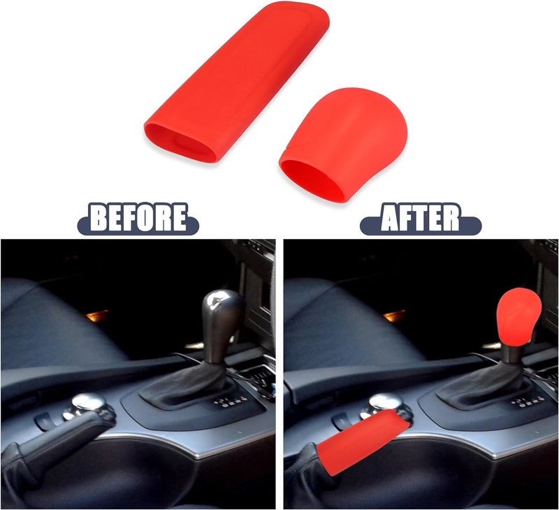 aakichi 2Pcs Set Silicone Gear Shift Knob Cover Car Handbrake Cover Anti-Slip Grip Design Universal Silicon Cover for Car (Red) - Image 3