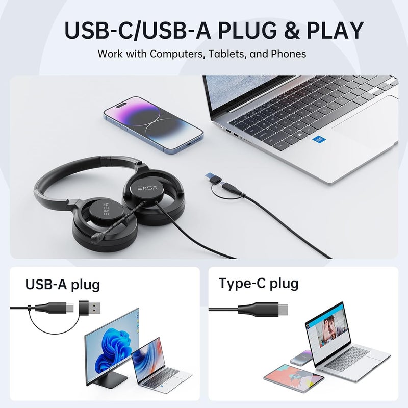 إكسا سماعة رأس H27 USB مع ميكروفون للعمل، سماعة رأس للكمبيوتر مع ميكروفون عازل للضوضاء، سماعة رأس سلكية فوق الأذن مع عناصر تحكم مدمجة، سماعة USB للكمبيوتر/اللابتوب/مركز الاتصال/المكتب - Image 4