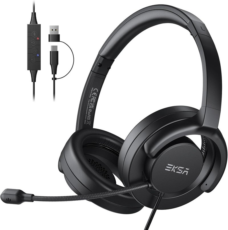 إكسا سماعة رأس H27 USB مع ميكروفون للعمل، سماعة رأس للكمبيوتر مع ميكروفون عازل للضوضاء، سماعة رأس سلكية فوق الأذن مع عناصر تحكم مدمجة، سماعة USB للكمبيوتر/اللابتوب/مركز الاتصال/المكتب - Image 1