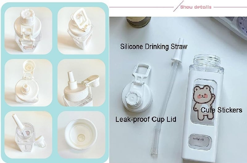 Hasruna Enterprise Kawaii Water Bottle with Straw and Sticker Kawaii Bear Water Bottle Large Sport Plastic Portable Square Drinking Bottle for Girl Cute Juice Tea Water Cups Multicolor - Image 5
