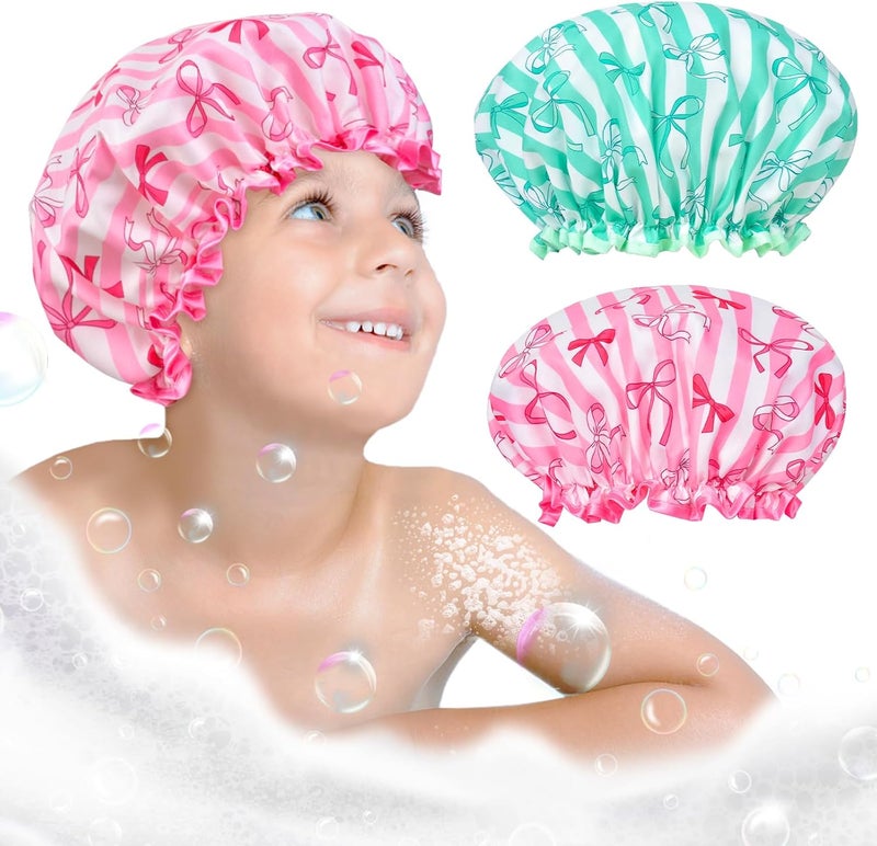 2 Pcs Kids Shower Cap Elastic Band Double Layers Waterproof Shower Caps For Women Girls Reusable Shower Cap With Ruffled Edge Covering Ears For Long Short Curly Hair