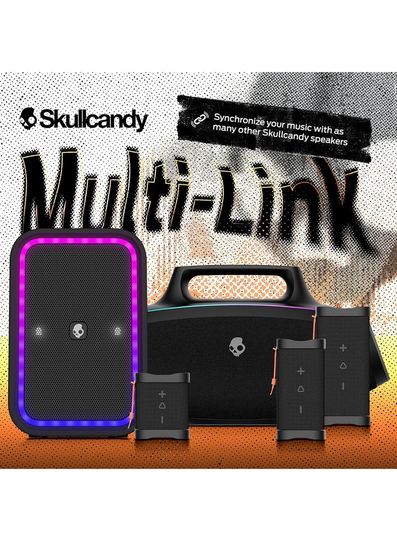 Skullcandy Barrel Bluetooth Boombox Speaker – Water-Resistant Wireless Portable Speaker, with LED Lightshow Mode, 12 Hour Battery, Multi-Link, & USB-C & USB-A Output Charging Black - Image 4