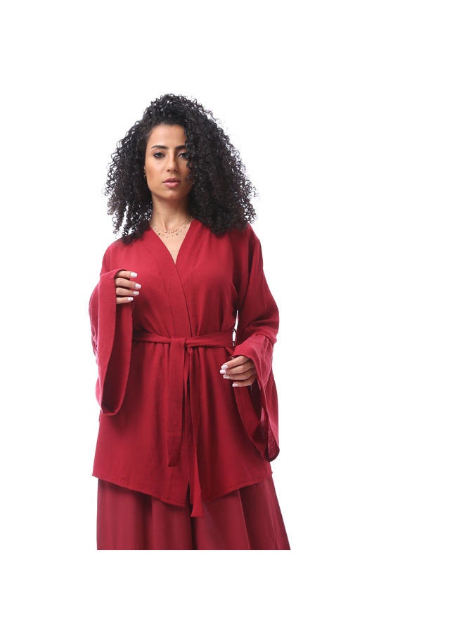 Andora - Elegant Patterned Suit Set - Dark Red - Image 1