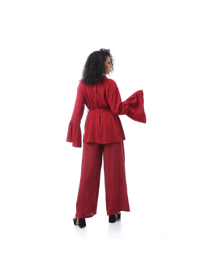 Andora - Elegant Patterned Suit Set - Dark Red - Image 1