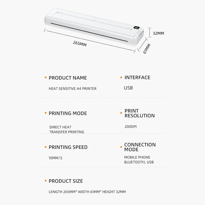 klarako طابعة حرارية A4 بدقة 200 نقطة في البوصة بسعة كبيرة شحن نوع C طباعة بدون حبر طابعة حرارية محمولة للمدرسة والمكتب - Image 4