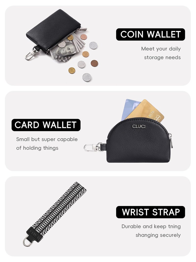 CLUCI Keychain Wallet for Women PU Leather Coin Purse Detachable Dual Pouch Wristlet Wallet Zipper Pocket Black - Image 4