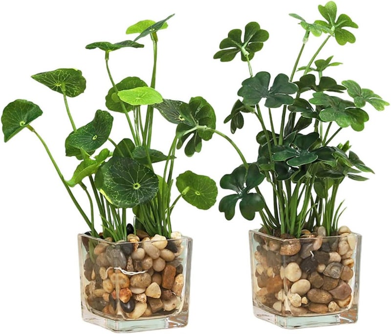 FOMIYES 2pcs Artificial Mini Lotus Leaf and Four-Leaf Clover Fake Potted Plants Set, Realistic Faux Green Plant Décor for Home Office Tabletop Decoration - Image 1