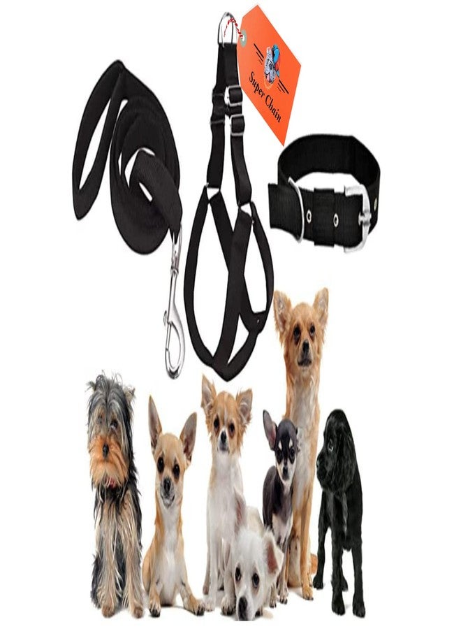 SUPER CHAIN Colourful Adjustable Nylon Dog Leash Harness and Collar Combo, Suitable for Dogs (Collar + Harness +Leash) (Small, Black) - Image 1
